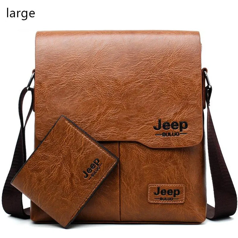 JEEP BULUO Men Bag Famous Brand 2 pcs Set Man Leather Messenger Shouder Bag Business Travelling Bags Male Tote Cross body Bags