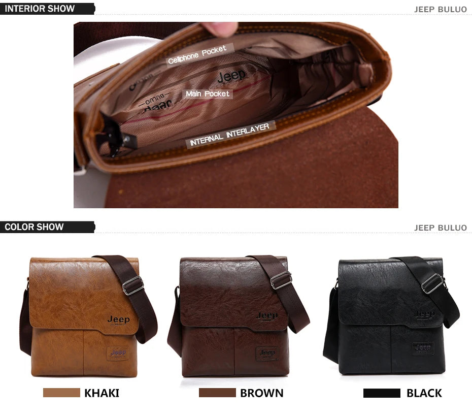 JEEP BULUO Men Bag Famous Brand 2 pcs Set Man Leather Messenger Shouder Bag Business Travelling Bags Male Tote Cross body Bags