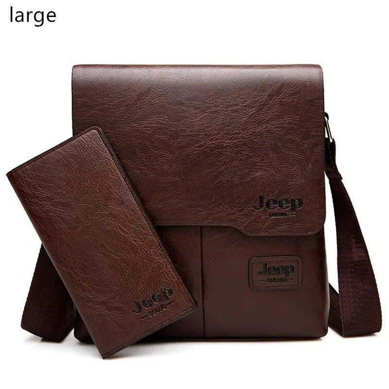 JEEP BULUO Men Bag Famous Brand 2 pcs Set Man Leather Messenger Shouder Bag Business Travelling Bags Male Tote Cross body Bags