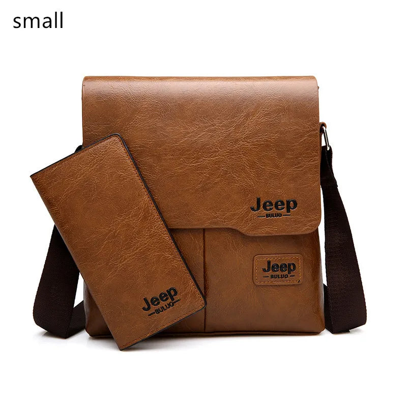 JEEP BULUO Men Bag Famous Brand 2 pcs Set Man Leather Messenger Shouder Bag Business Travelling Bags Male Tote Cross body Bags