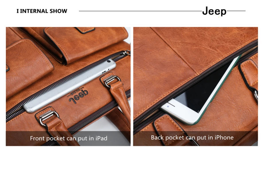 JEEP BULUO Brand Man'sBusiness Briefcase Bag 2pcs/set Split Leather High Quality Men office Bags For 13. 3 inch Laptop A4 Causel