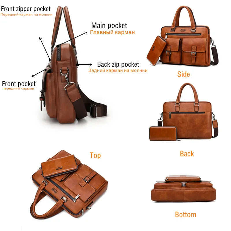 JEEP BULUO Brand Man'sBusiness Briefcase Bag 2pcs/set Split Leather High Quality Men office Bags For 13. 3 inch Laptop A4 Causel