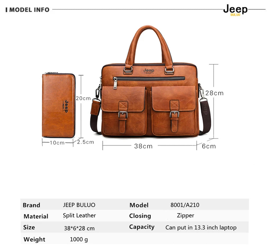 JEEP BULUO Brand Man'sBusiness Briefcase Bag 2pcs/set Split Leather High Quality Men office Bags For 13. 3 inch Laptop A4 Causel