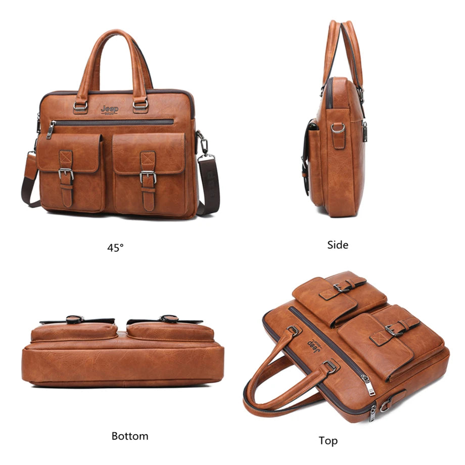 JEEP BULUO Brand Man'sBusiness Briefcase Bag 2pcs/set Split Leather High Quality Men office Bags For 13. 3 inch Laptop A4 Causel