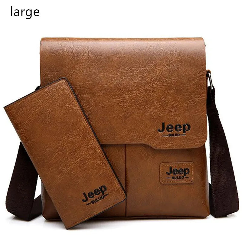 JEEP BULUO Men Bag Famous Brand 2 pcs Set Man Leather Messenger Shouder Bag Business Travelling Bags Male Tote Cross body Bags