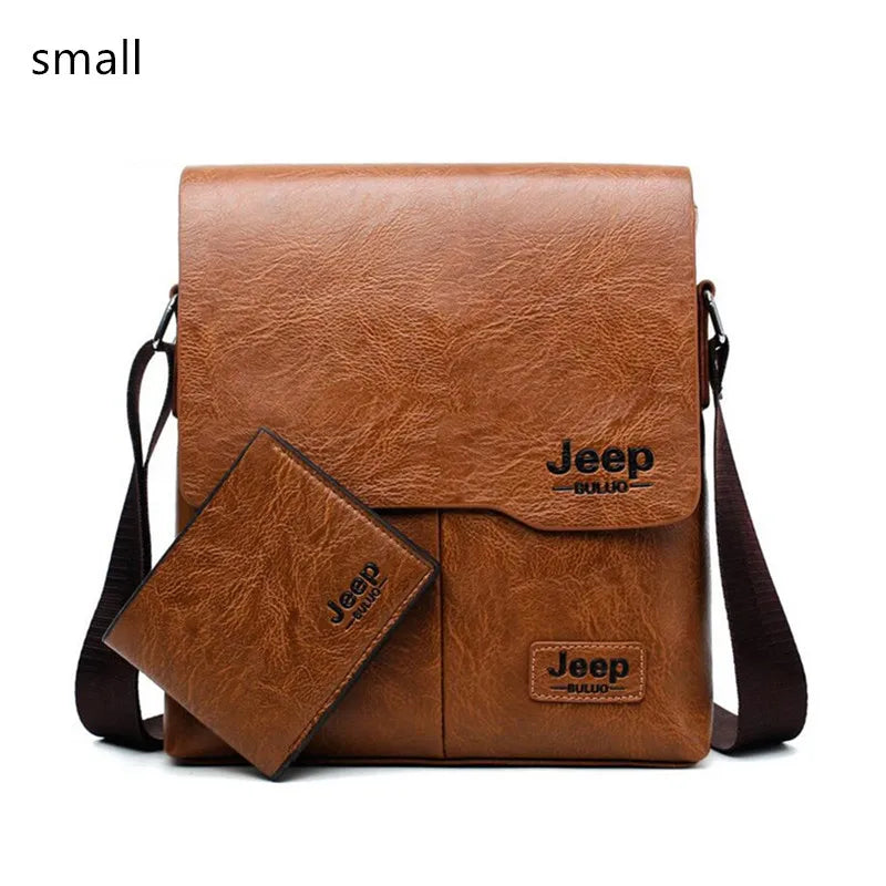 JEEP BULUO Men Bag Famous Brand 2 pcs Set Man Leather Messenger Shouder Bag Business Travelling Bags Male Tote Cross body Bags