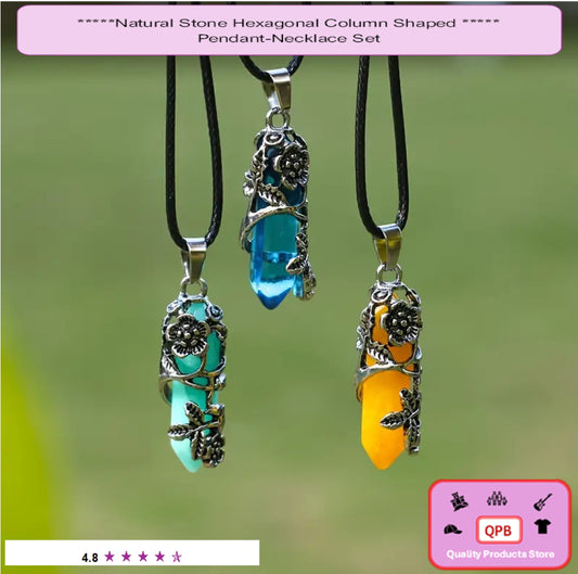 2pcs Natural Stone Hexagonal Column Shaped Wrapped Flowers Pendants Necklace