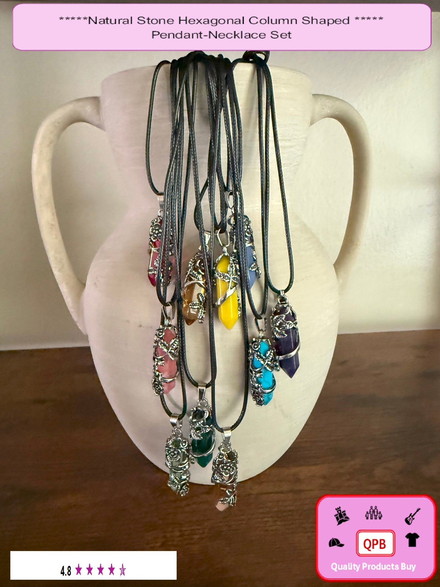 2pcs Natural Stone Hexagonal Column Shaped Wrapped Flowers Pendants Necklace