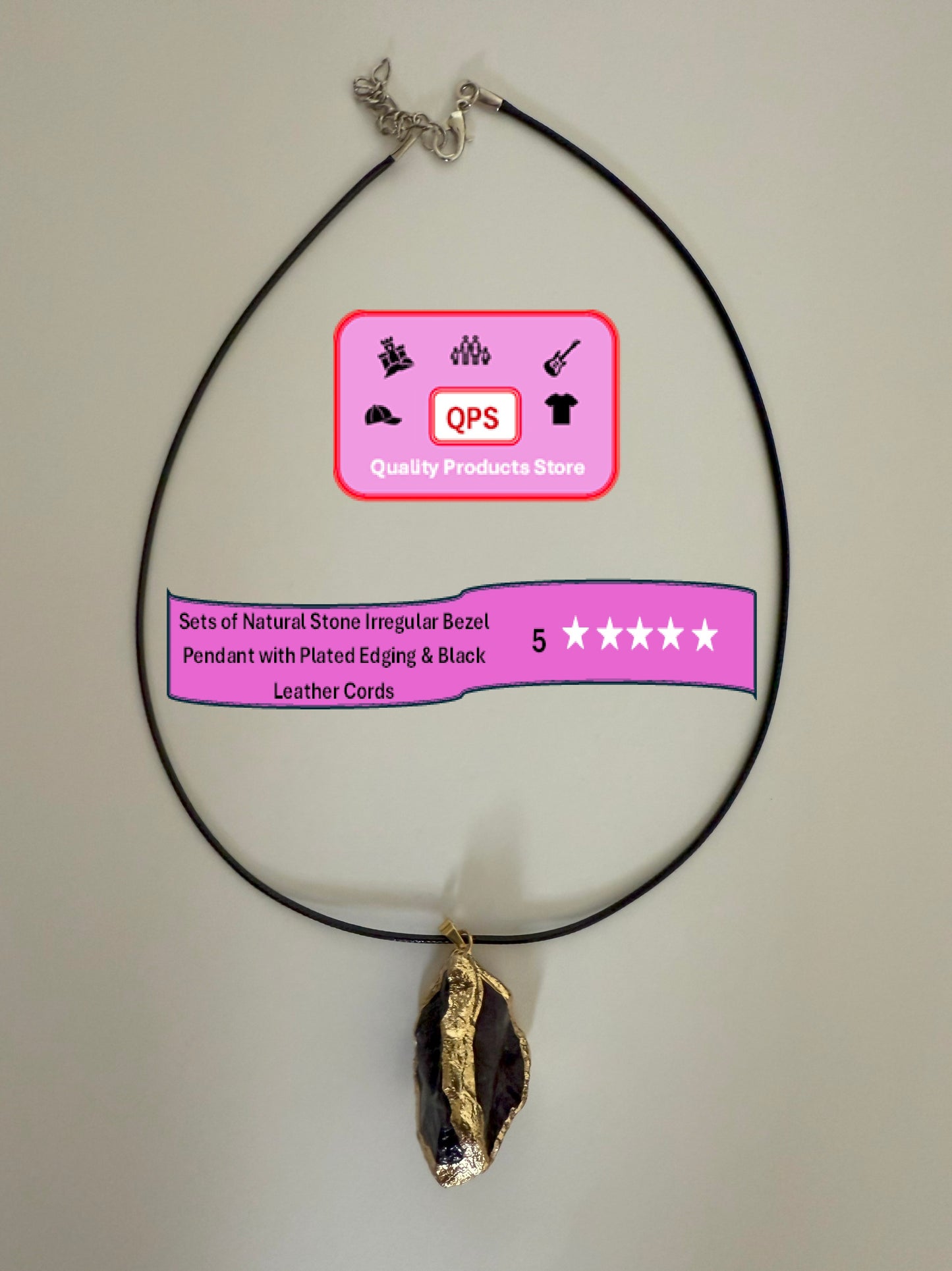 Natural Stone Irregular Bezel Pendants and Plated Edging & Black Leather Cords