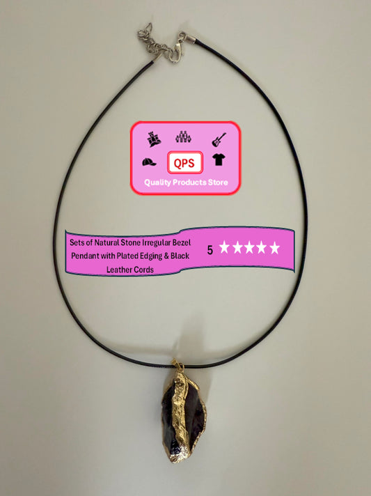 Natural Stone Irregular Bezel Pendants and Plated Edging & Black Leather Cords