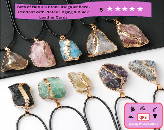Natural Stone Irregular Bezel Pendants and Plated Edging & Black Leather Cords
