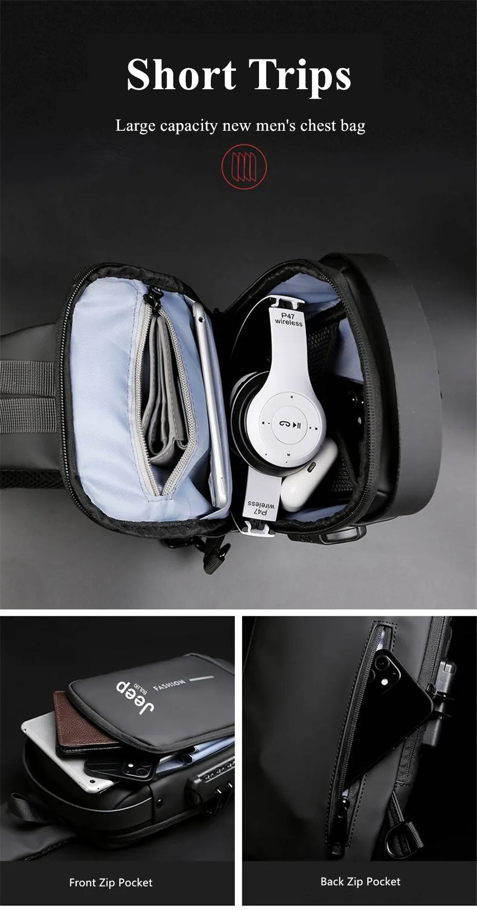 JEEP BULUO Brand High Quality Men Chest Sling Bags Motorcycle Crossbody Shoulder Bag Travel Pack Anti-theft Male Fashion Hot New