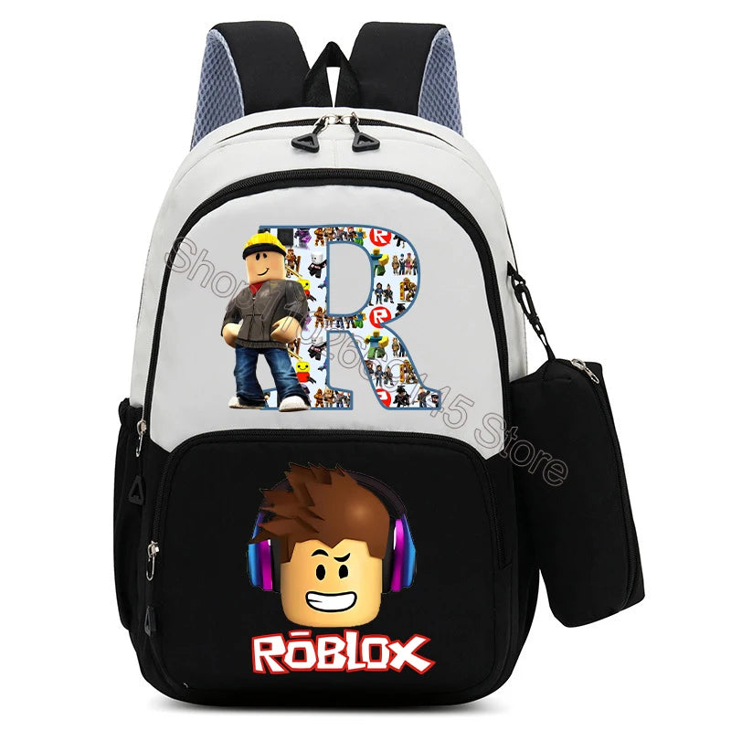 2Pcs Roblox Child Backpack Pencil Bag Cartoon Letter A-Z Printed School Bag Boys Large Capacity Backpack Kids Birthday Gifts