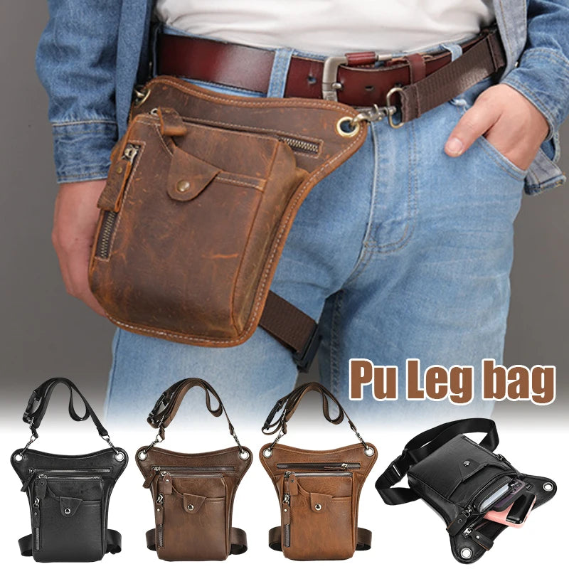 Vintage Men Waist Fanny Pack Drop Leg Cross Body Shoulder Bags for Motorcycle Rider PU Leather Male Messenger Hip Belt Thigh Bag