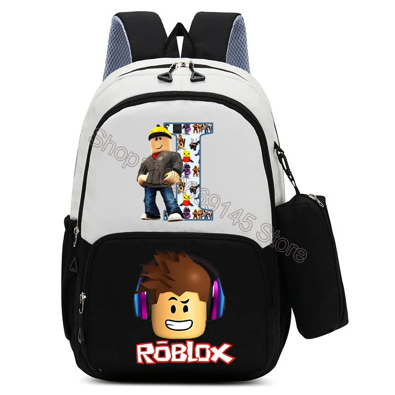 2Pcs Roblox Child Backpack Pencil Bag Cartoon Letter A-Z Printed School Bag Boys Large Capacity Backpack Kids Birthday Gifts