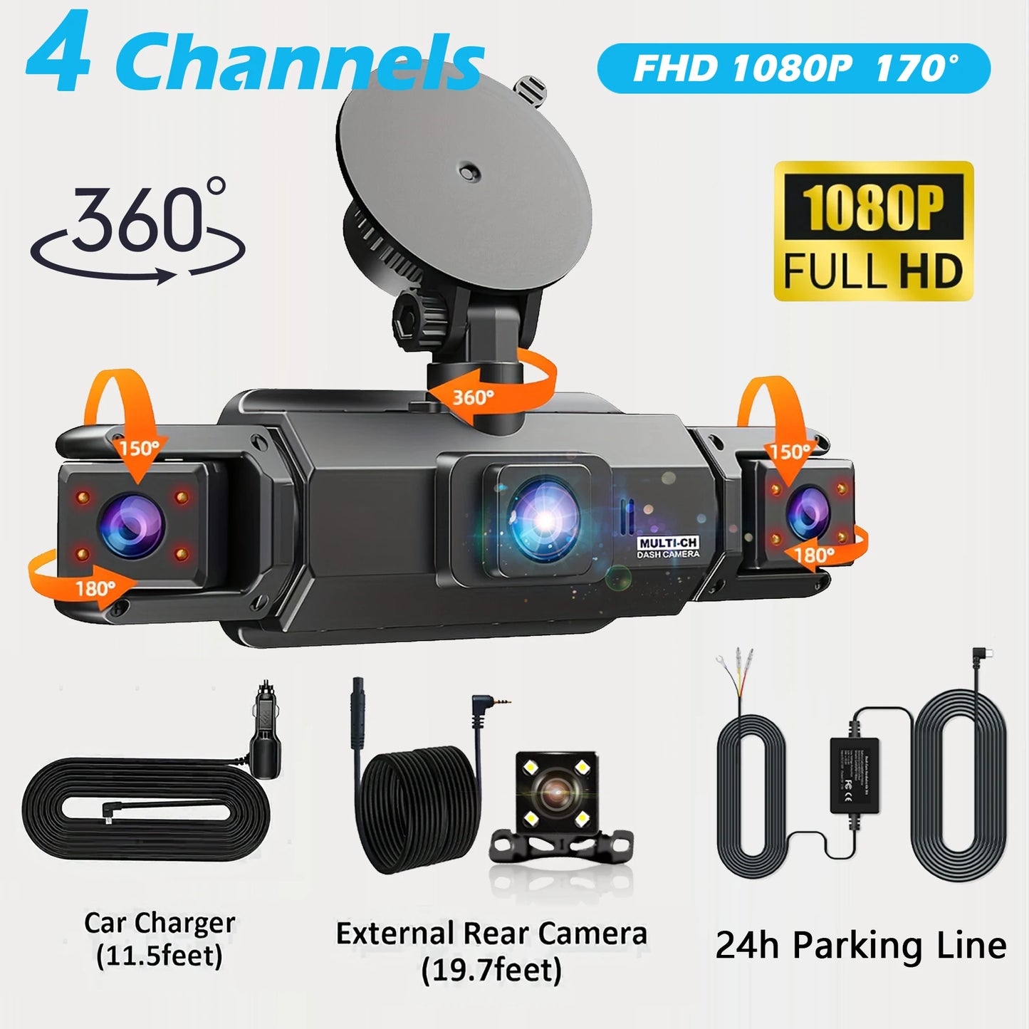 Dashcam 4 Channel Voice Recording Video Recorder Black Box 1080P Night Vision dash cam automobile Auto parts add Hardwire kit