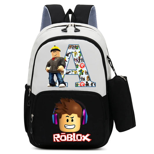 2Pcs Roblox Child Backpack Pencil Bag Cartoon Letter A-Z Printed School Bag Boys Large Capacity Backpack Kids Birthday Gifts