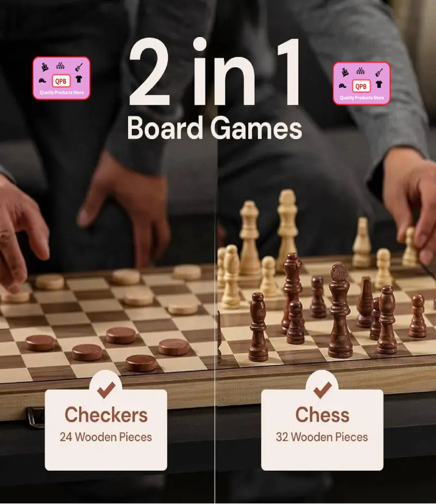 15" Wooden Chess and Checkers Set 2-in-1